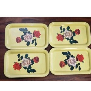 Vintage Set Of 4 Yellow Enamel Rose Metal Trays